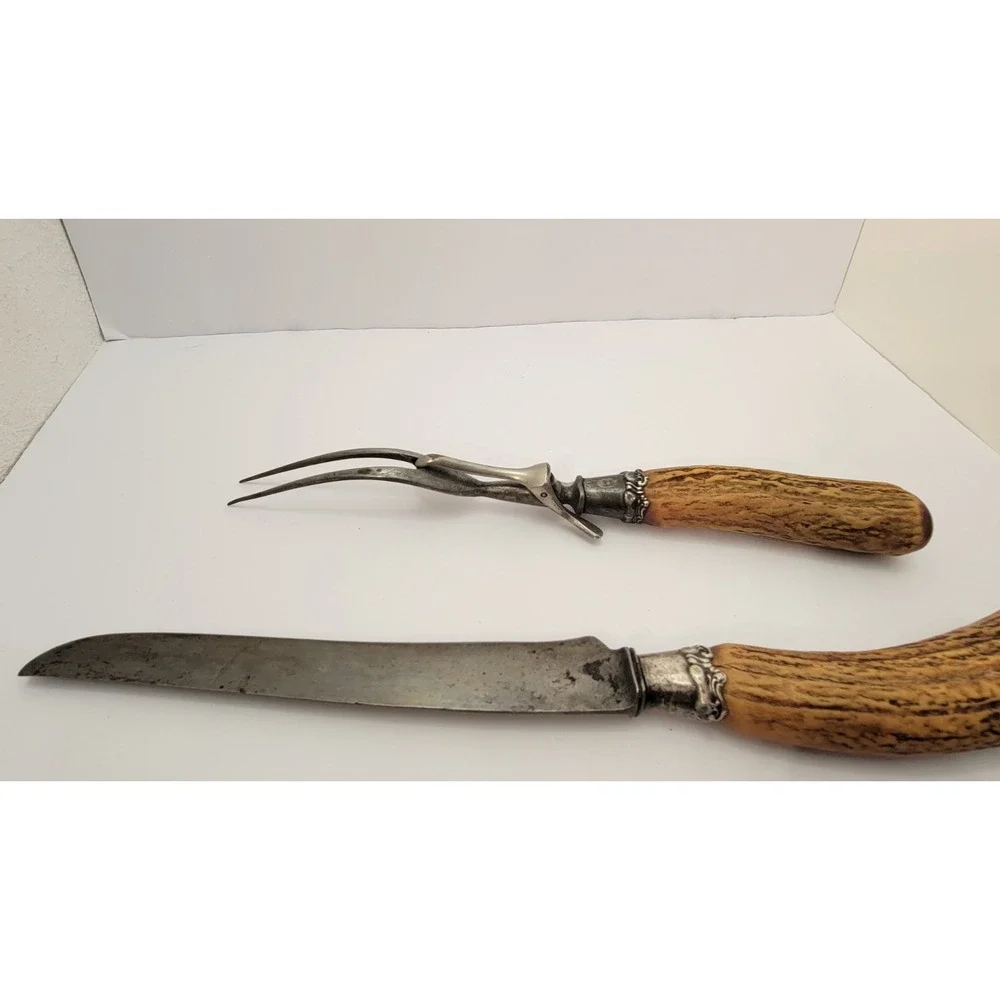 Antique Landers Frary Clark Stag Antler Carving Knife Fork Set Aetna Works
